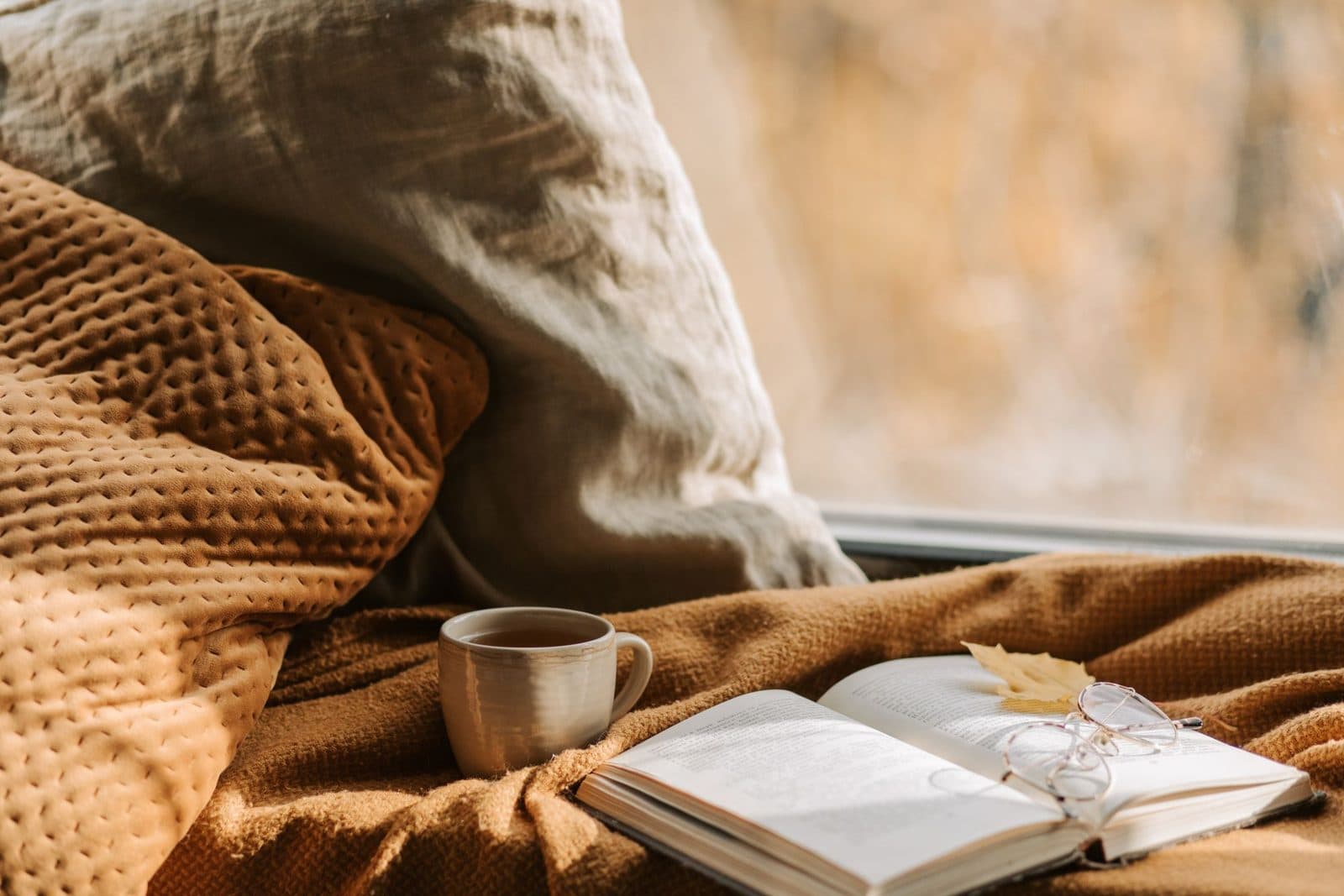 Cup of tea beside an open book and reading glasses on a soft blanket by a sunny window